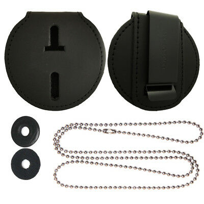Universal Round Belt Police Badge Holder With Neck Chain - Black Leather