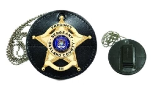 Round Leather Belt Badge Holder. Includes Chain For Hanging.